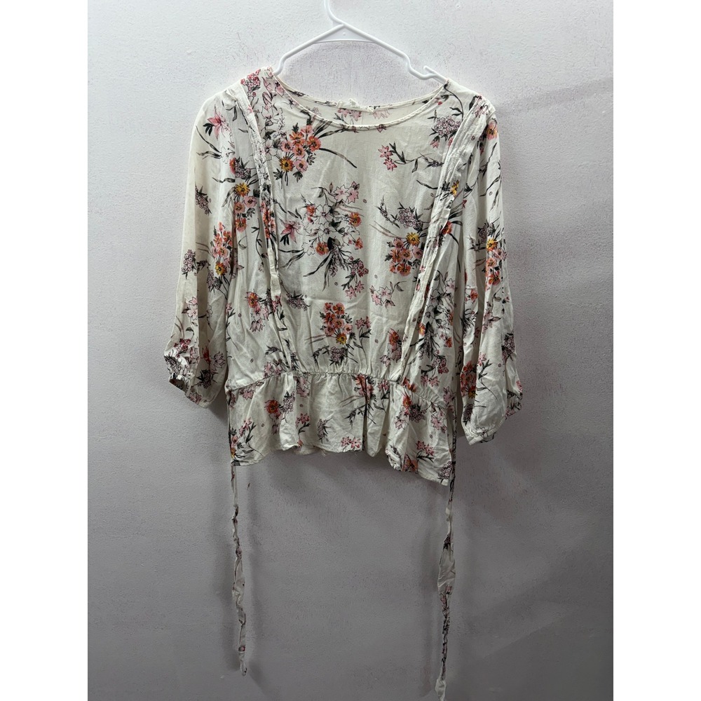 June & Hudson Floral Peplum Top Button Back Tie Waist Cream Pink Large Womens